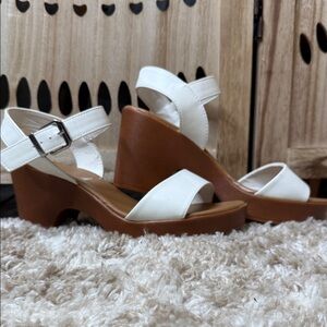 Me Too White and Brown Wedge Sandals